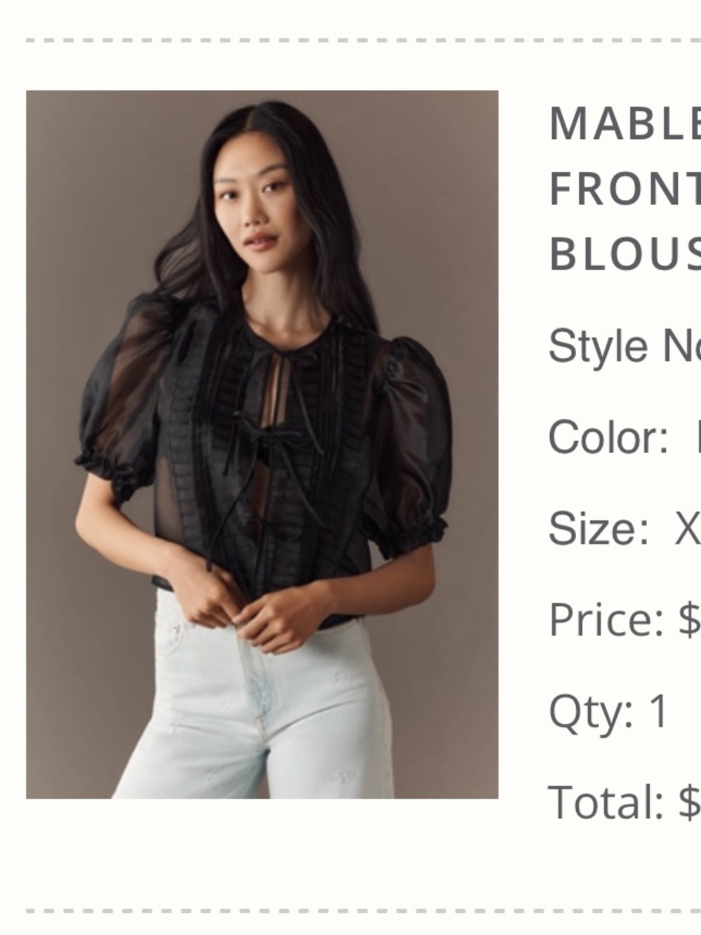 MARBLE Black Sheer Tie-Front Puff-Sleeve Blouse